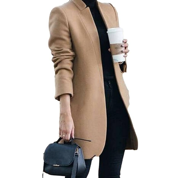 NWT Omoone Women's Stand Collar Slim Fit Jacket Pea Coat Notched Lapel Trench - Picture 2 of 7